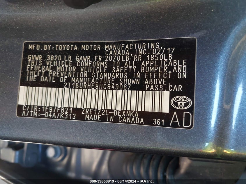 2017 Toyota Corolla Le VIN: 2T1BURHE8HC849067 Lot: 39650919