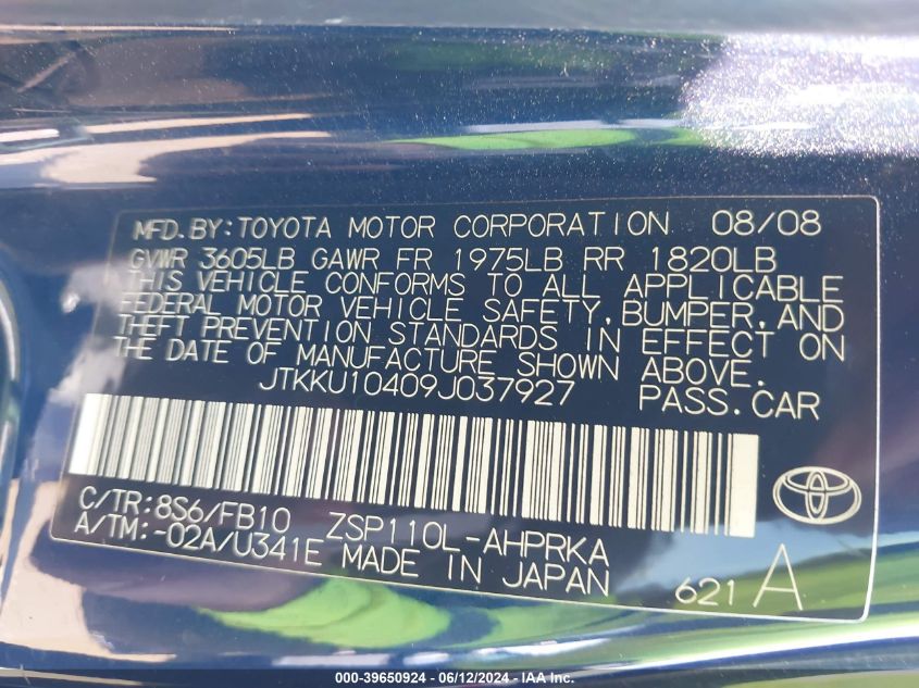 2009 Scion Xd VIN: JTKKU10409J037927 Lot: 39650924