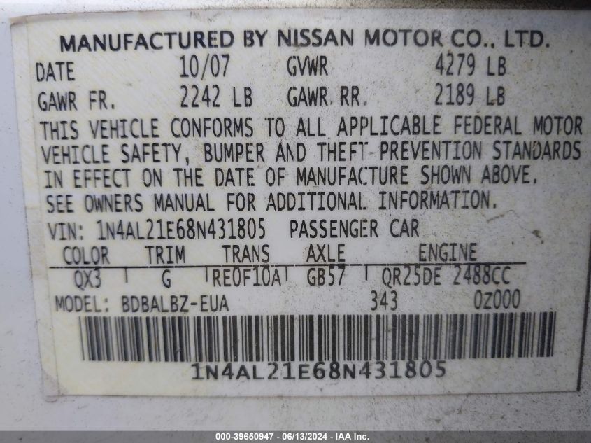 2008 Nissan Altima 2.5 S VIN: 1N4AL21E68N431805 Lot: 39650947