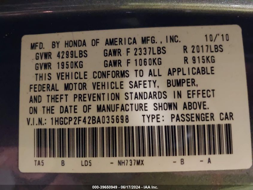 2011 Honda Accord 2.4 Lx-P VIN: 1HGCP2F42BA035698 Lot: 39650949