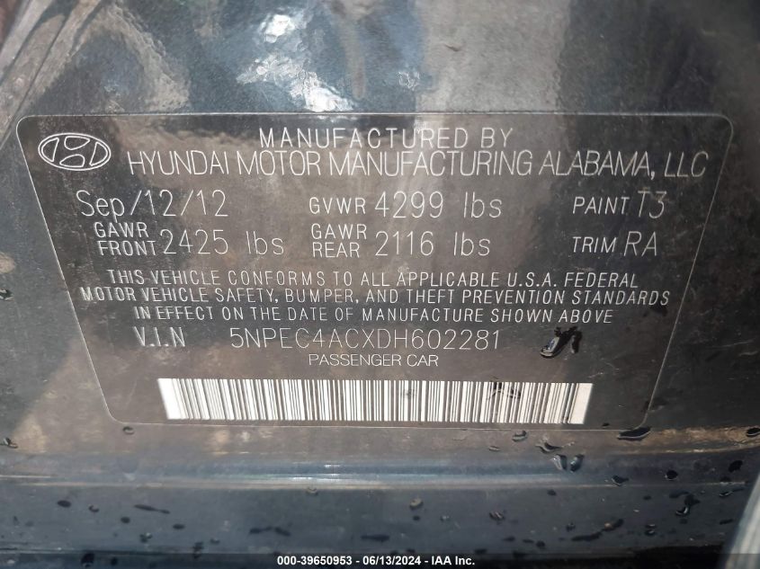 2013 Hyundai Sonata Limited VIN: 5NPEC4ACXDH602281 Lot: 39650953