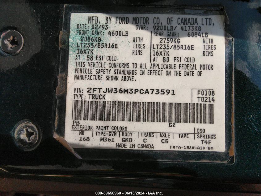 1993 Ford F350 VIN: 2FTJW36M3PCA73591 Lot: 39650960