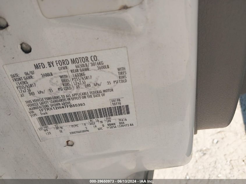 2007 Ford F-150 Stx/Xl/Xlt VIN: 1FTRX12W47FB55393 Lot: 39650973