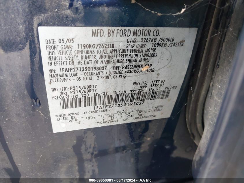 2005 Ford Five Hundred Sel VIN: 1FAFP27135G193037 Lot: 39650981
