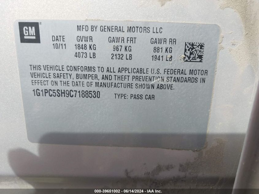 2012 Chevrolet Cruze Ls VIN: 1G1PC5SH9C7188530 Lot: 39651002