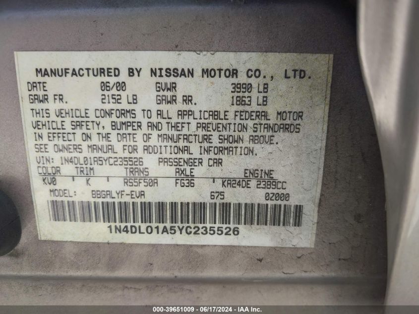 2000 Nissan Altima Gle/Gxe/Se VIN: 1N4DL01A5YC235526 Lot: 39651009