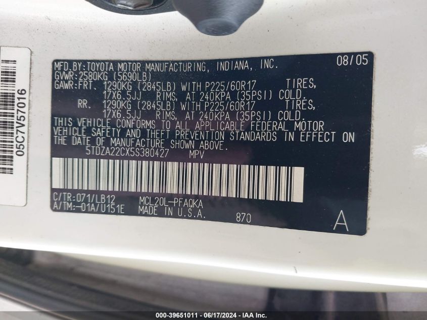 2005 Toyota Sienna Xle VIN: 5TDZA22CX5S380427 Lot: 39651011