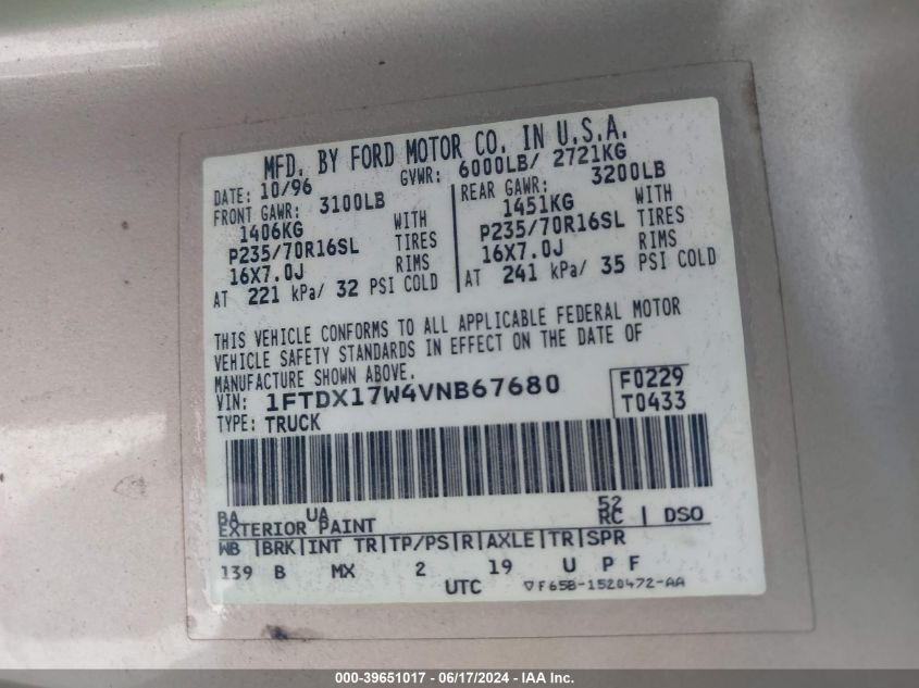 1997 Ford F-150 Lariat/Standard/Xl/Xlt VIN: 1FTDX17W4VNB67680 Lot: 39651017