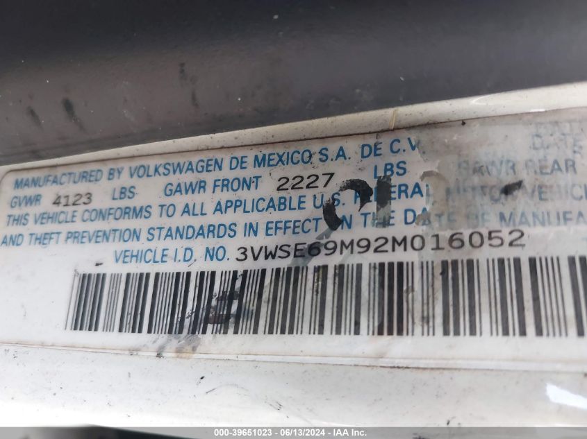 2002 Volkswagen Jetta Gls 1.8L VIN: 3VWSE69M92M016052 Lot: 39651023