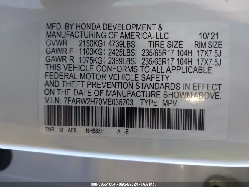 2021 Honda Cr-V Awd Special Edition VIN: 7FARW2H70ME035703 Lot: 39651054