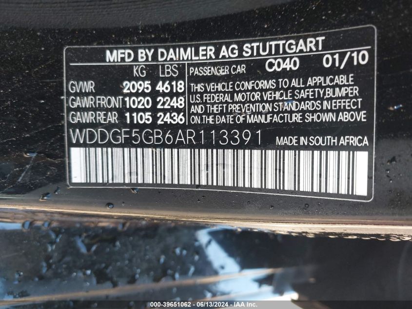 2010 Mercedes-Benz C 350 Sport VIN: WDDGF5GB6AR113391 Lot: 39651062