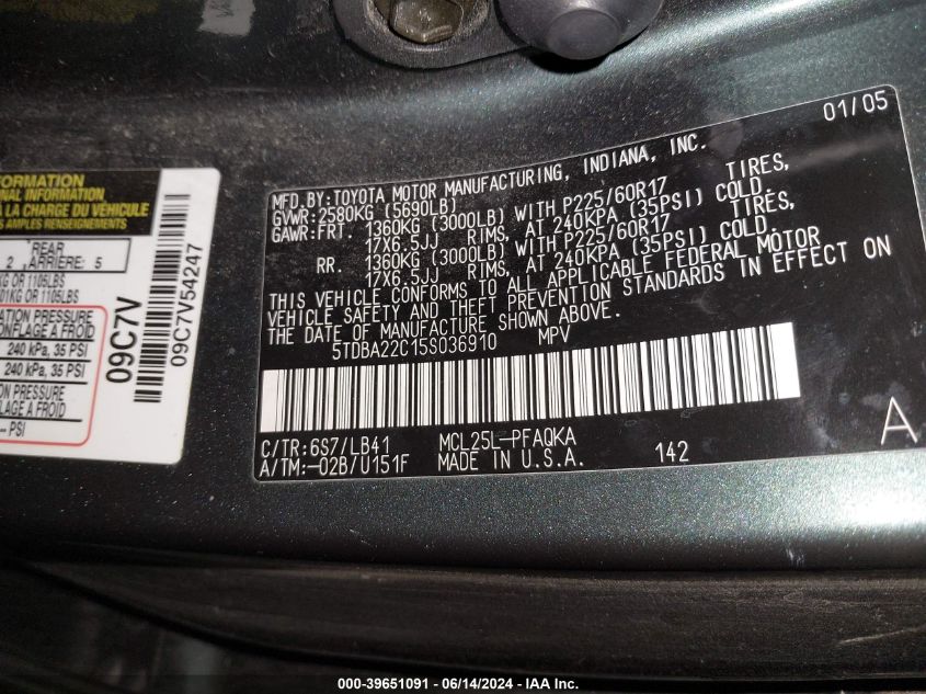 2005 Toyota Sienna Xle Limited VIN: 5TDBA22C15S036910 Lot: 39651091