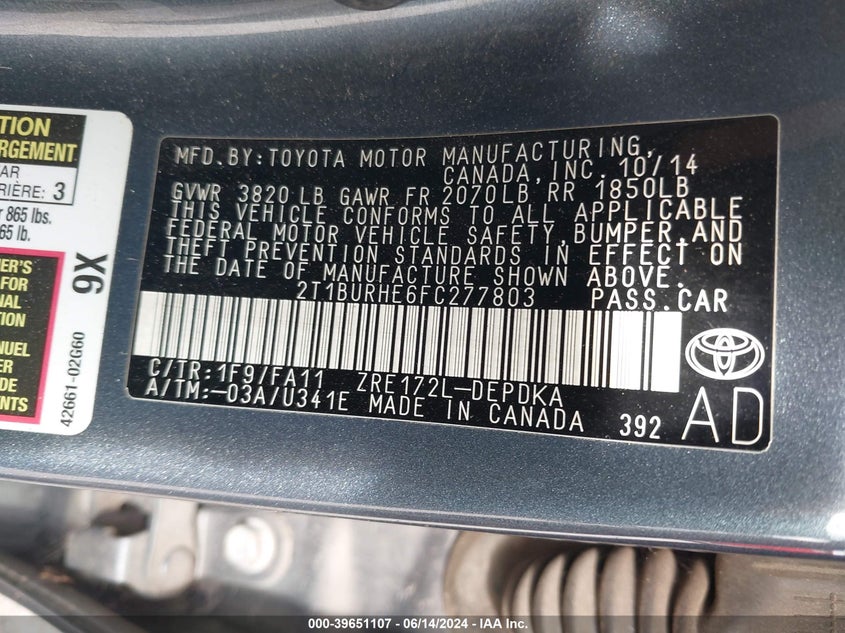 2015 Toyota Corolla L VIN: 2T1BURHE6FC277803 Lot: 39651107