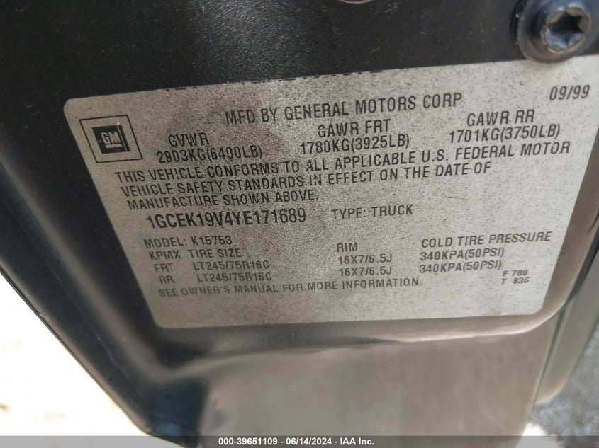 2000 Chevrolet Silverado 1500 Ls VIN: 1GCEK19V4YE171689 Lot: 39651109