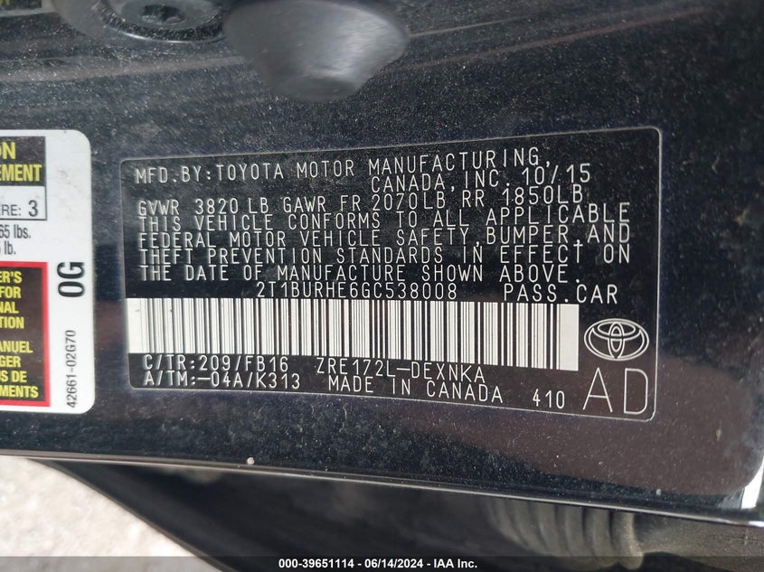 2016 Toyota Corolla Le VIN: 2T1BURHE6GC538008 Lot: 39651114