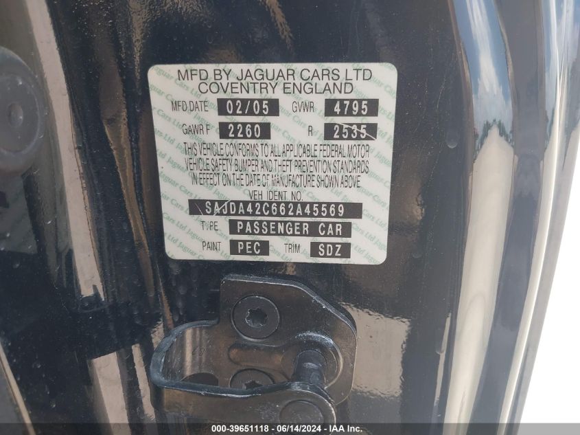 2006 Jaguar Xk8 VIN: SAJDA42C662A45569 Lot: 39651118