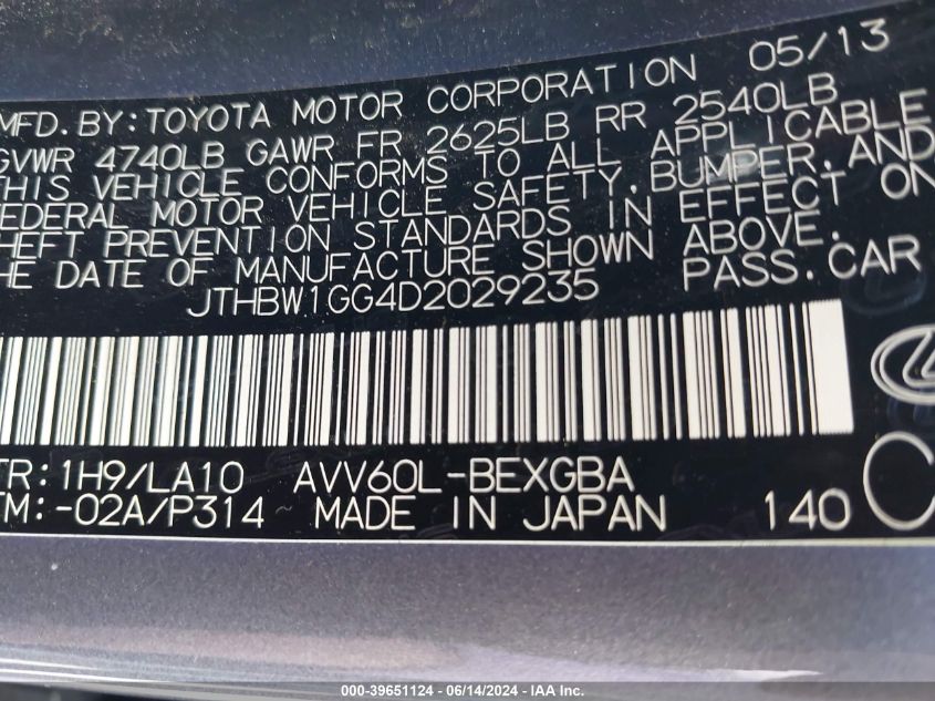 2013 Lexus Es 300H VIN: JTHBW1GG4D2029235 Lot: 39651124