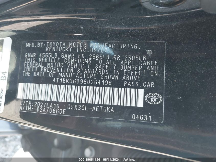 2008 Toyota Avalon Xls VIN: 4T1BK36B98U264198 Lot: 39651126