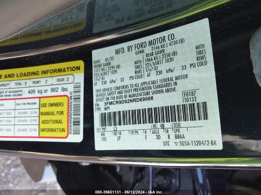 2022 Ford Bronco Sport Badlands VIN: 3FMCR9D92NRD69008 Lot: 39651131