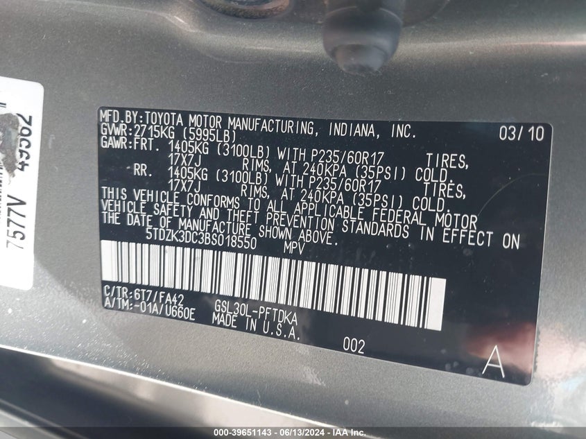 2011 Toyota Sienna Base V6 VIN: 5TDZK3DC3BS018550 Lot: 39651143