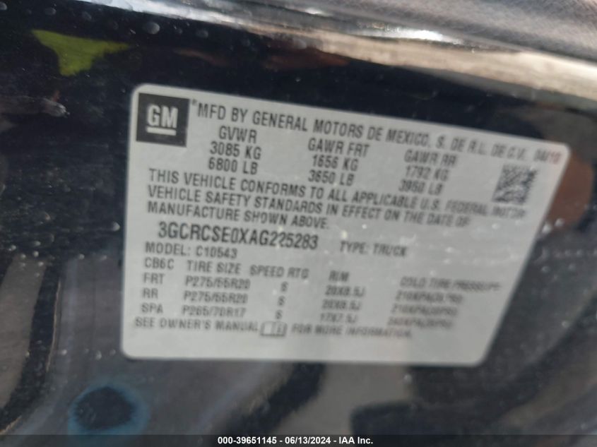 2010 Chevrolet Silverado 1500 Lt VIN: 3GCRCSE0XAG225283 Lot: 39651145