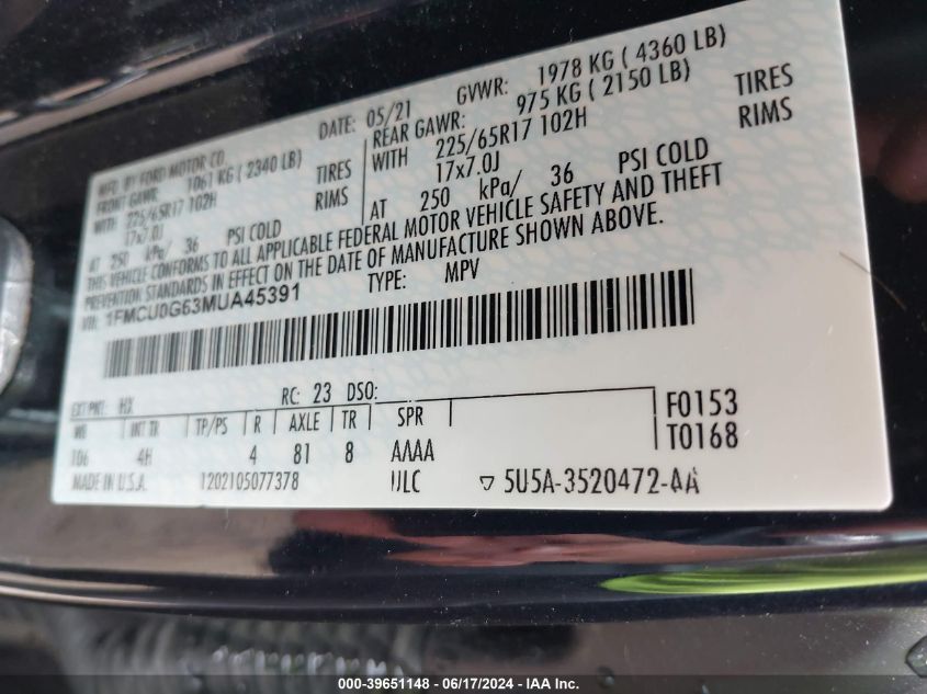 2021 Ford Escape Se VIN: 1FMCU0G63MUA45391 Lot: 39651148