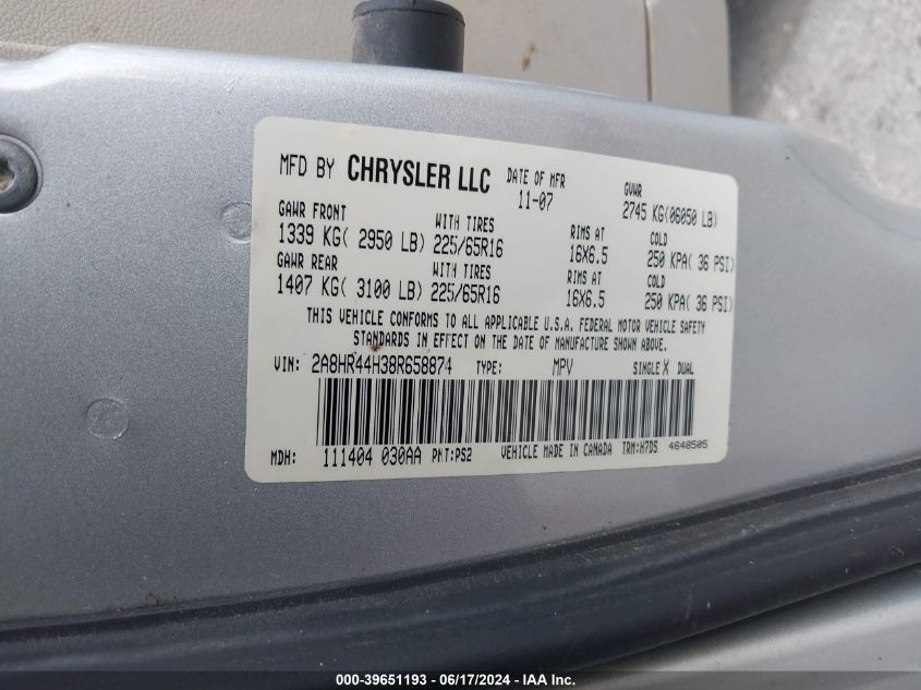 2A8HR44H38R658874 2008 Chrysler Town & Country Lx