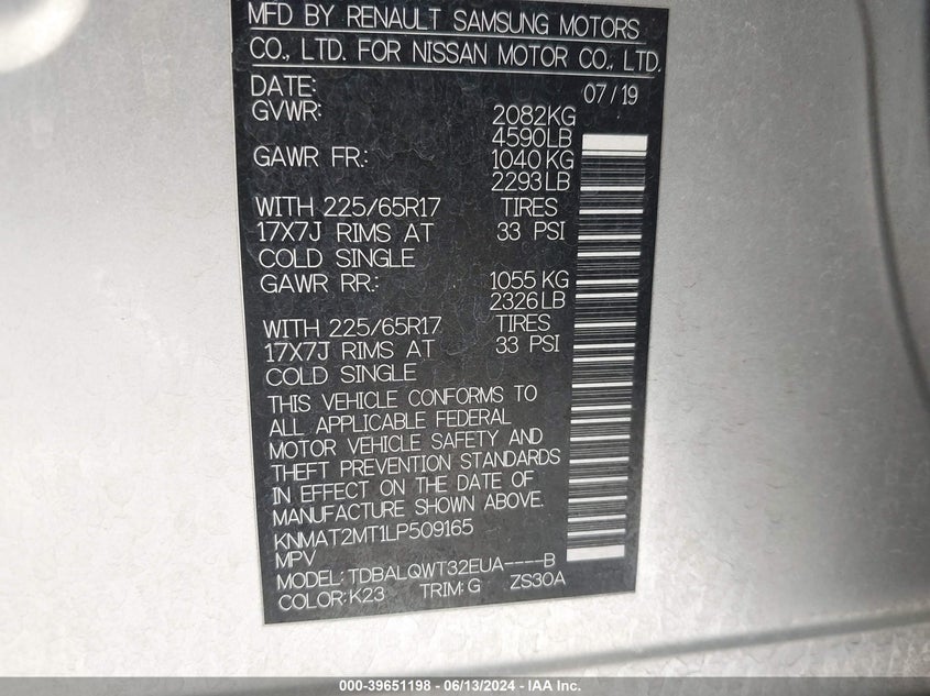 VIN KNMAT2MT1LP509165 2020 NISSAN ROGUE SV FWD