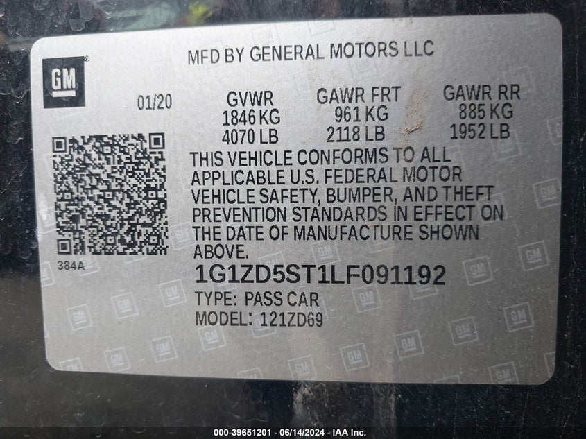 2020 Chevrolet Malibu Fwd Lt VIN: 1G1ZD5ST1LF091192 Lot: 39651201