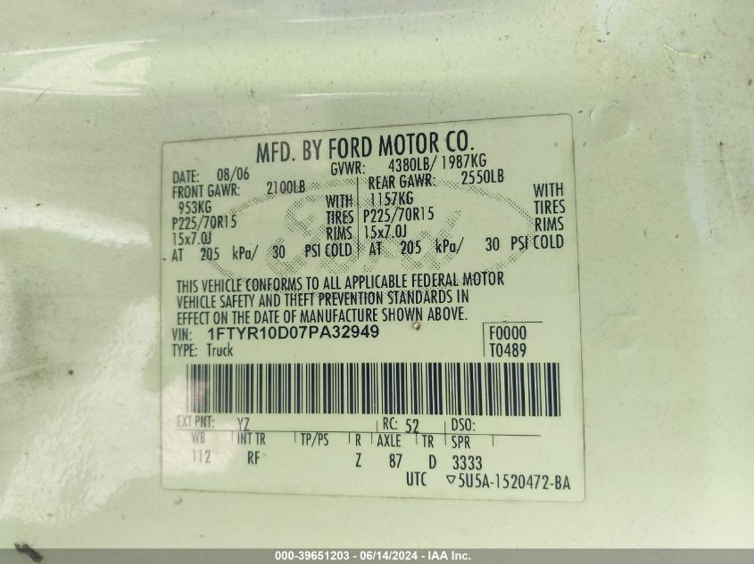 2007 Ford Ranger Stx/Xl/Xlt VIN: 1FTYR10D07PA32949 Lot: 39651203