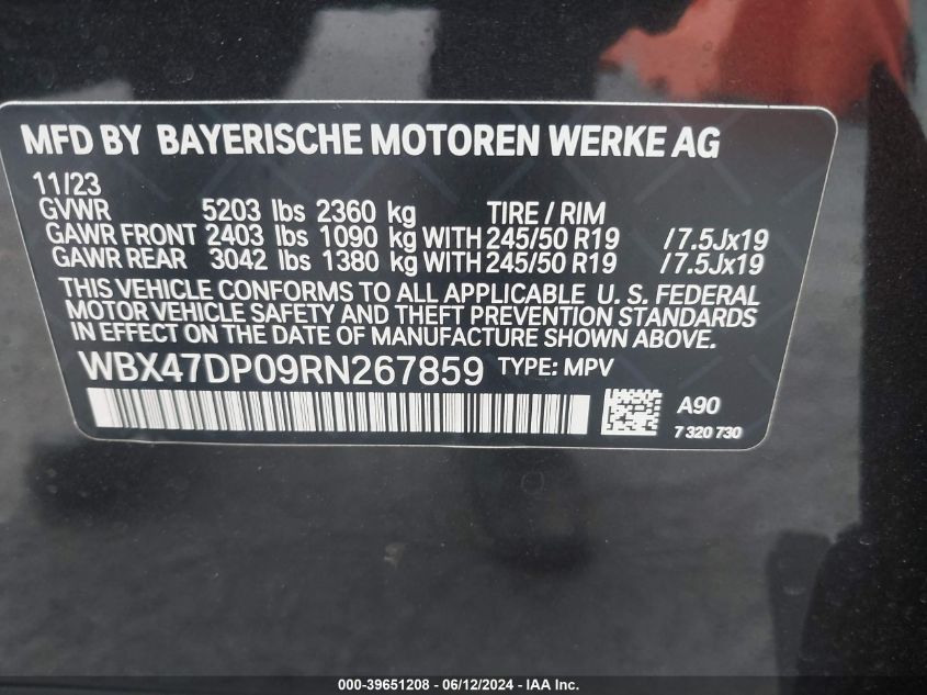 2024 BMW X3 Sdrive30I VIN: WBX47DP09RN267859 Lot: 39651208