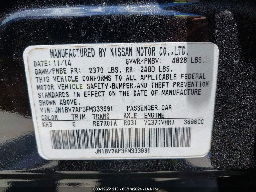 2015 Infiniti Q50 VIN: JN1BV7AP3FM333991 Lot: 39651210