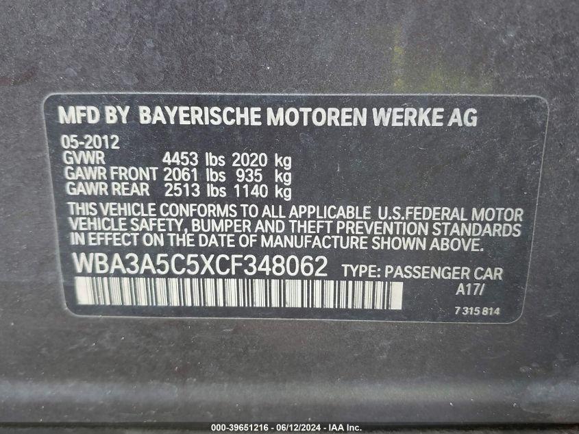 2012 BMW 328I VIN: WBA3A5C5XCF348062 Lot: 39651216