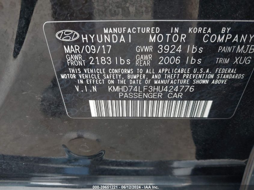 VIN KMHD74LF3HU424776 2017 HYUNDAI ELANTRA SE