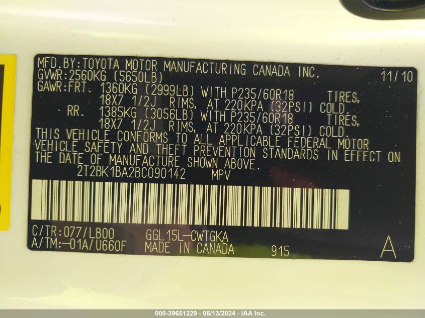 2011 Lexus Rx 350 VIN: 2T2BK1BA2BC090142 Lot: 39651229