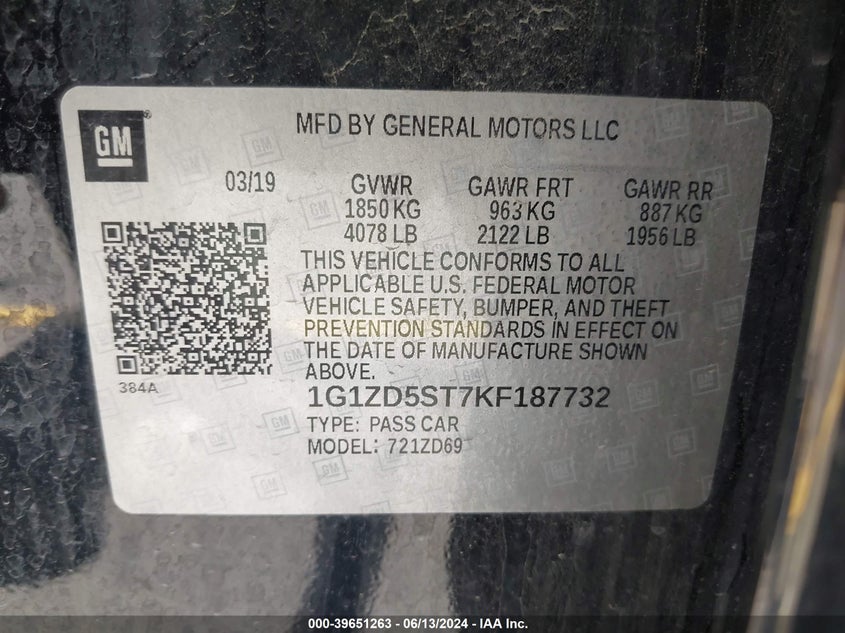 2019 CHEVROLET MALIBU LT - 1G1ZD5ST7KF187732