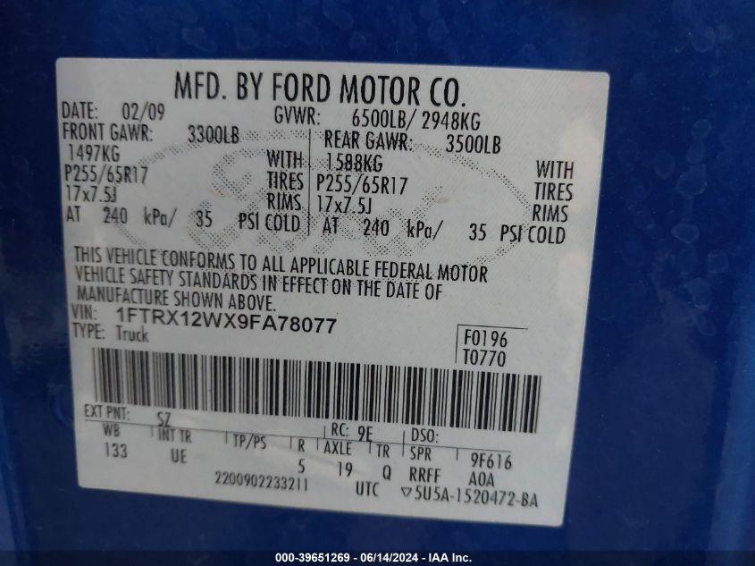 2009 Ford F-150 Stx/Xl VIN: 1FTRX12WX9FA78077 Lot: 39651269