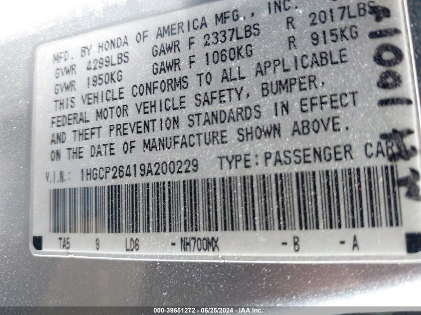 2009 Honda Accord 2.4 Lx-P VIN: 1HGCP26419A200229 Lot: 39651272