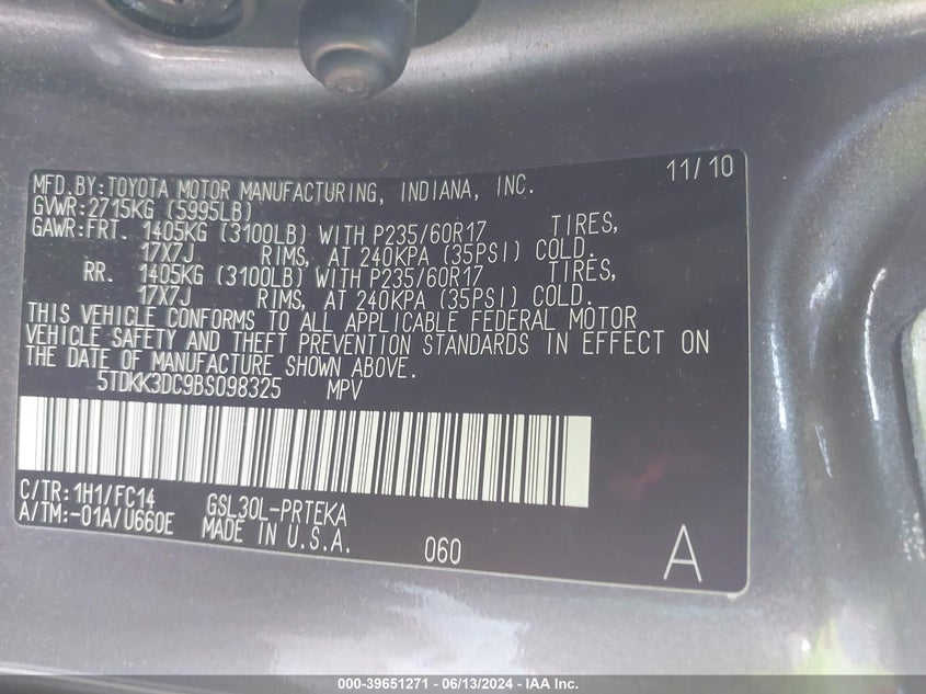 2011 Toyota Sienna Le V6 VIN: 5TDKK3DC9BS098325 Lot: 39651271