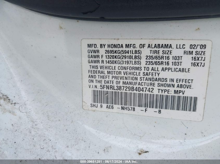 2009 Honda Odyssey Ex-L VIN: 5FNRL38729B404742 Lot: 39651281