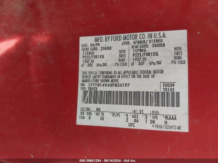 1999 Ford Ranger Xl/Xlt VIN: 1FTYR14V4XPB54197 Lot: 39651284