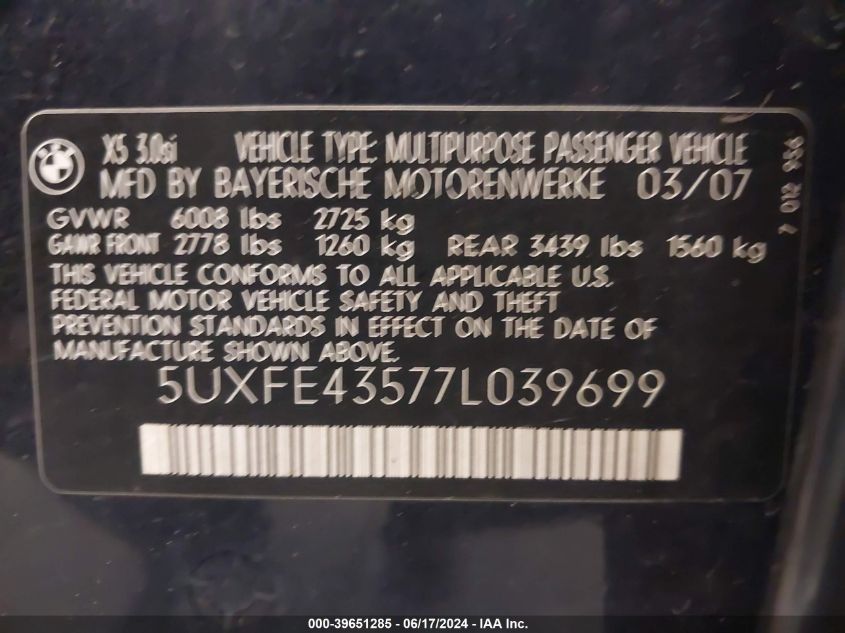 2007 BMW X5 3.0Si VIN: 5UXFE43577L039699 Lot: 39651285