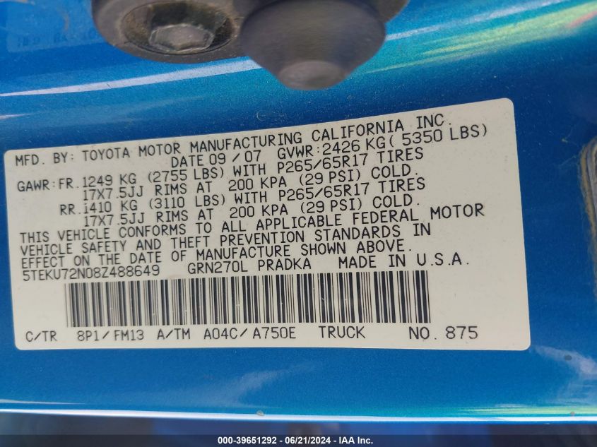2008 Toyota Tacoma Prerunner V6 VIN: 5TEKU72N08Z488649 Lot: 39651292