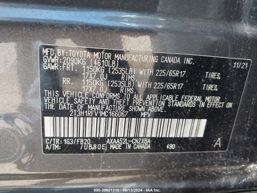 2021 Toyota Rav4 Le VIN: 2T3H1RFV1MC166067 Lot: 39651310