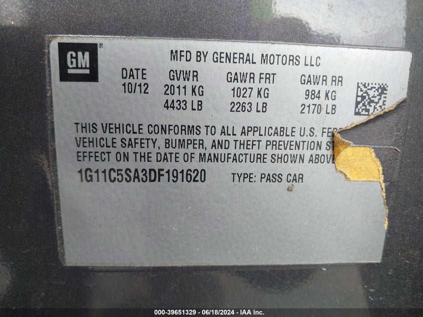 2013 Chevrolet Malibu 1Lt VIN: 1G11C5SA3DF191620 Lot: 39651329