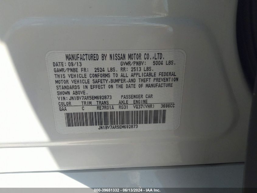 2014 Infiniti Q50 Premium VIN: JN1BV7AR5EM692873 Lot: 39651332