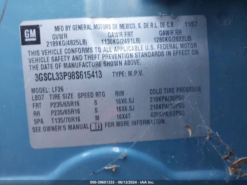 2008 Saturn Vue 4-Cyl Xe VIN: 3GSCL33P98S615413 Lot: 39651333