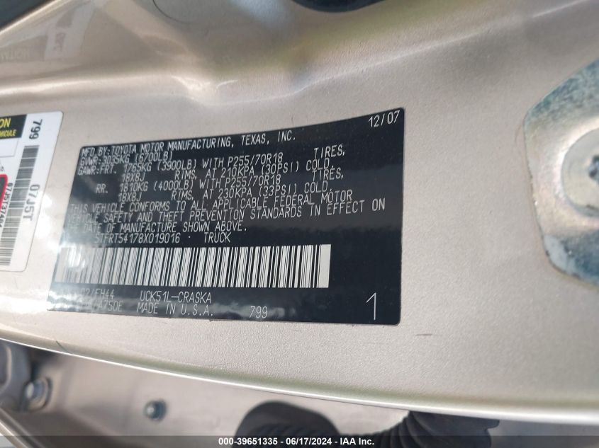 2008 Toyota Tundra Sr5 4.7L V8 VIN: 5TFRT54178X019016 Lot: 39651335