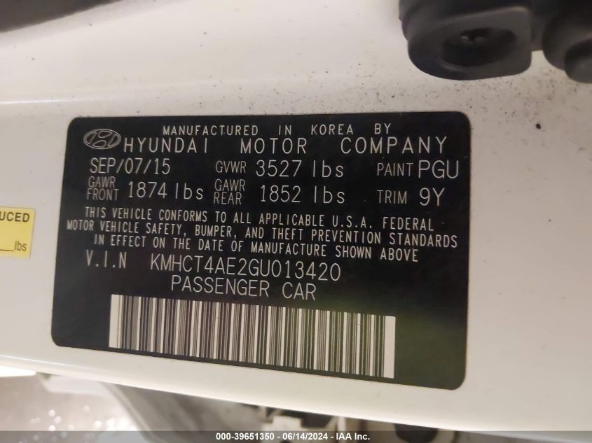 2016 Hyundai Accent Se VIN: KMHCT4AE2GU013420 Lot: 39651350