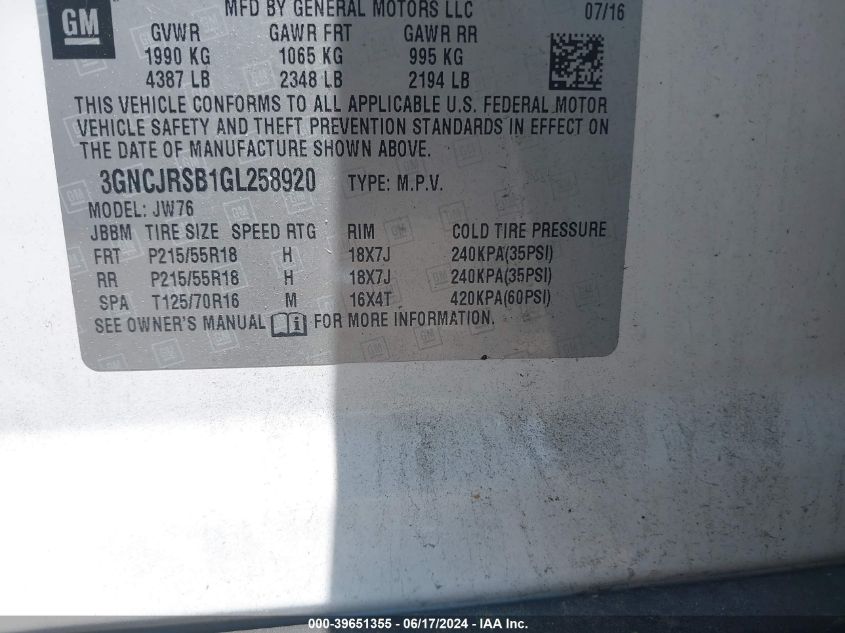 2016 Chevrolet Trax Ltz VIN: 3GNCJRSB1GL258920 Lot: 39651355